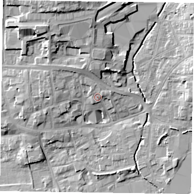 Shaded relief map of the ground around LE131QR, computed from Environment Agency LiDAR. The ground here sits at about 76 m above sea level and falls 16 m across the surrounding 800 m. Surface water reaching this point runs off ground lying to the north-north-west, 1.9 m higher.