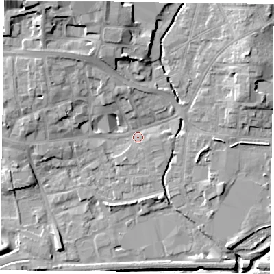 Shaded relief map of the ground around LE131RB, computed from Environment Agency LiDAR. The ground here sits at about 73 m above sea level and falls 16 m across the surrounding 800 m. Surface water reaching this point runs off ground lying to the north-west, 7.6 m higher.