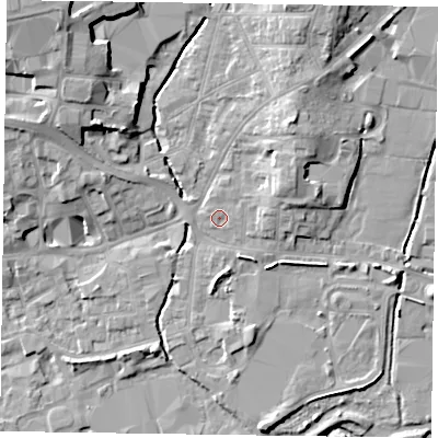 Shaded relief map of the ground around LE131RE, computed from Environment Agency LiDAR. The ground here sits at about 74 m above sea level and falls 14 m across the surrounding 800 m. Surface water reaching this point runs off ground lying to the east-north-east, 1.4 m higher.