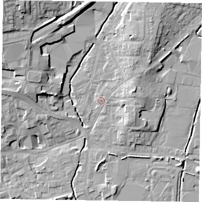 Shaded relief map of the ground around LE131SE, computed from Environment Agency LiDAR. The ground here sits at about 75 m above sea level and falls 17 m across the surrounding 800 m. Surface water reaching this point runs off ground lying to the north-east, 5.2 m higher.