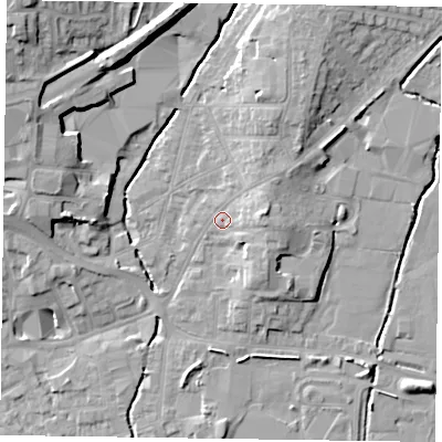 Shaded relief map of the ground around LE131SG, computed from Environment Agency LiDAR. The ground here sits at about 76 m above sea level and falls 17 m across the surrounding 800 m. Surface water reaching this point runs off ground lying to the east, 4.7 m higher.