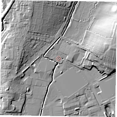 Shaded relief map of the ground around LE131SL, computed from Environment Agency LiDAR. The ground here sits at about 77 m above sea level and falls 19 m across the surrounding 800 m. Surface water reaching this point runs off ground lying to the north-east, 2.4 m higher.