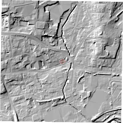 Shaded relief map of the ground around LE131SP, computed from Environment Agency LiDAR. The ground here sits at about 73 m above sea level and falls 15 m across the surrounding 800 m. Surface water reaching this point runs off ground lying to the north-west, 4.3 m higher.