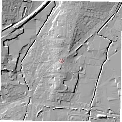 Shaded relief map of the ground around LE131SQ, computed from Environment Agency LiDAR. The ground here sits at about 79 m above sea level and falls 15 m across the surrounding 800 m. Surface water reaching this point runs off ground lying to the south-south-west, 1.1 m higher.