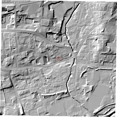 Shaded relief map of the ground around LE131SR, computed from Environment Agency LiDAR. The ground here sits at about 74 m above sea level and falls 15 m across the surrounding 800 m. Surface water reaching this point runs off ground lying to the north-west, 7.6 m higher.