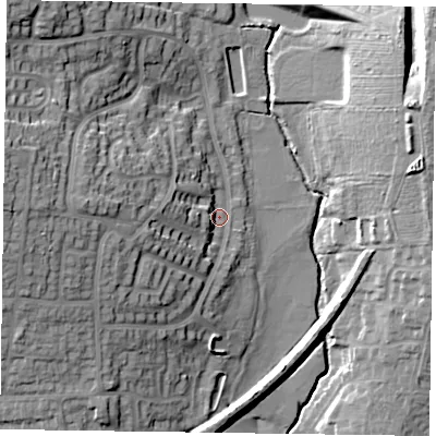 Shaded relief map of the ground around LE131TZ, computed from Environment Agency LiDAR. The ground here sits at about 81 m above sea level and falls 25 m across the surrounding 800 m. Surface water reaching this point runs off ground lying to the west, 18.5 m higher.