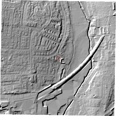 Shaded relief map of the ground around LE131UA, computed from Environment Agency LiDAR. The ground here sits at about 83 m above sea level and falls 27 m across the surrounding 800 m. Surface water reaching this point runs off ground lying to the west, 3.3 m higher.