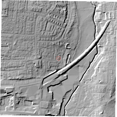 Shaded relief map of the ground around LE131UL, computed from Environment Agency LiDAR. The ground here sits at about 82 m above sea level and falls 28 m across the surrounding 800 m. Surface water reaching this point runs off ground lying to the west-north-west, 8.4 m higher.