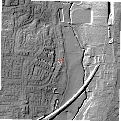 Shaded relief map of the ground around LE131UT, computed from Environment Agency LiDAR. The ground here sits at about 81 m above sea level and falls 24 m across the surrounding 800 m. Surface water reaching this point runs off ground lying to the west, 21.9 m higher.