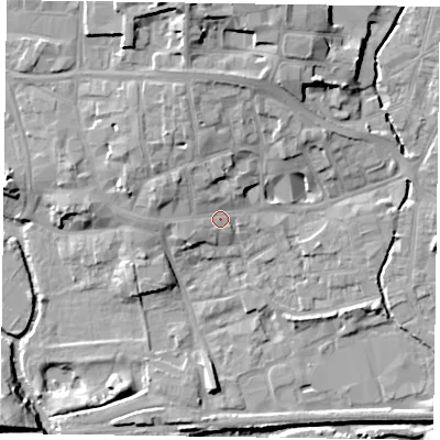 Shaded relief map of the ground around LE131XJ, computed from Environment Agency LiDAR. The ground here sits at about 74 m above sea level and falls 14 m across the surrounding 800 m. Surface water reaching this point runs off ground lying to the north-west, 3.5 m higher.