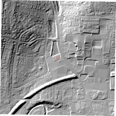 Shaded relief map of the ground around LE139SE, computed from Environment Agency LiDAR. The ground here sits at about 78 m above sea level and falls 35 m across the surrounding 800 m. Surface water reaching this point runs off ground lying to the north-east, 17.2 m higher.