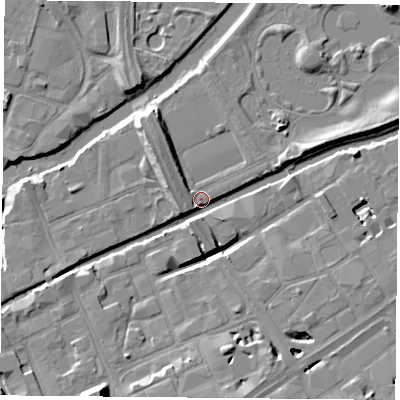 Shaded relief map of the ground around LE13EA, computed from Environment Agency LiDAR. The ground here sits at about 54 m above sea level and falls 13 m across the surrounding 800 m. Surface water reaching this point runs off ground lying to the south-south-east, 9.8 m higher.