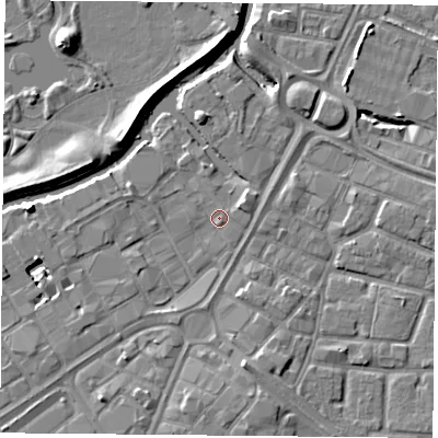 Shaded relief map of the ground around LE13UL, computed from Environment Agency LiDAR. The ground here sits at about 54 m above sea level and falls 7 m across the surrounding 800 m. Surface water reaching this point runs off ground lying to the south, 4.1 m higher.