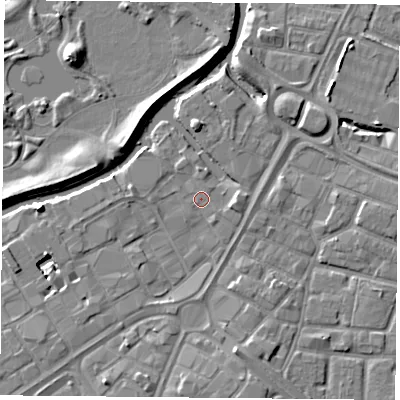 Shaded relief map of the ground around LE13WU, computed from Environment Agency LiDAR. The ground here sits at about 53 m above sea level and falls 7 m across the surrounding 800 m. Surface water reaching this point runs off ground lying to the south-south-east, 4.1 m higher.