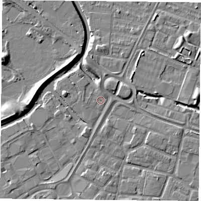 Shaded relief map of the ground around LE13XQ, computed from Environment Agency LiDAR. The ground here sits at about 53 m above sea level and falls 7 m across the surrounding 800 m. Surface water reaching this point runs off ground lying to the east-south-east, 2.8 m higher.