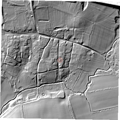 Shaded relief map of the ground around LE142AD, computed from Environment Agency LiDAR. The ground here sits at about 102 m above sea level and falls 20 m across the surrounding 800 m. Surface water reaching this point runs off ground lying to the west-north-west, 3.2 m higher.
