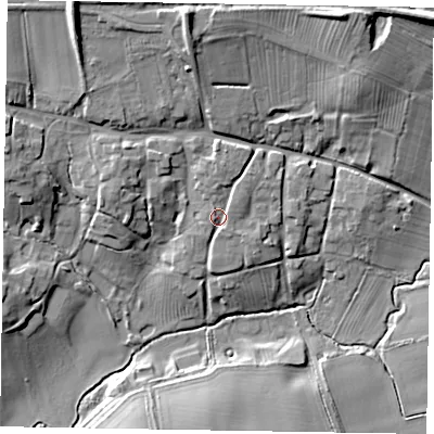 Shaded relief map of the ground around LE142AS, computed from Environment Agency LiDAR. The ground here sits at about 103 m above sea level and falls 20 m across the surrounding 800 m. Surface water reaching this point runs off ground lying to the north-north-east, 2.4 m higher.