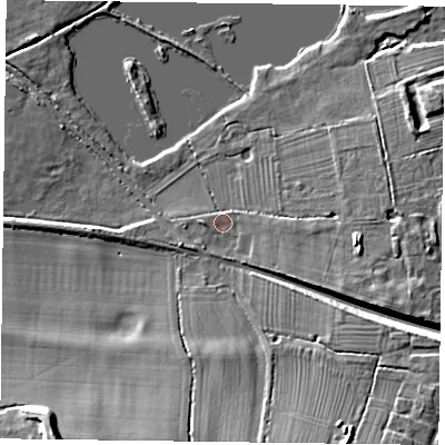 Shaded relief map of the ground around LE142ED, computed from Environment Agency LiDAR. The ground here sits at about 67 m above sea level and falls 15 m across the surrounding 800 m. Surface water reaching this point runs off ground lying to the east-south-east, 5.9 m higher.
