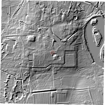 Shaded relief map of the ground around LE142EF, computed from Environment Agency LiDAR. The ground here sits at about 90 m above sea level and falls 10 m across the surrounding 800 m. Surface water reaching this point runs off ground lying to the west-north-west, 2.4 m higher.
