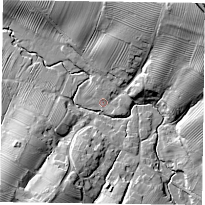 Shaded relief map of the ground around LE142HL, computed from Environment Agency LiDAR. The ground here sits at about 98 m above sea level and falls 35 m across the surrounding 800 m. Surface water reaching this point runs off ground lying to the north-east, 29.5 m higher.