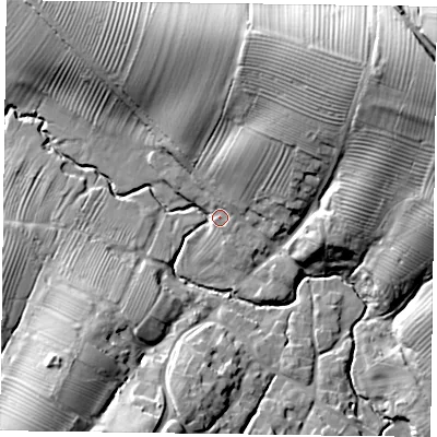 Shaded relief map of the ground around LE142HN, computed from Environment Agency LiDAR. The ground here sits at about 99 m above sea level and falls 34 m across the surrounding 800 m. Surface water reaching this point runs off ground lying to the north-east, 32.0 m higher.
