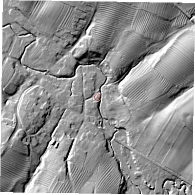 Shaded relief map of the ground around LE142HP, computed from Environment Agency LiDAR. The ground here sits at about 99 m above sea level and falls 32 m across the surrounding 800 m. Surface water reaching this point runs off ground lying to the east-north-east, 24.3 m higher.