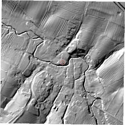 Shaded relief map of the ground around LE142HQ, computed from Environment Agency LiDAR. The ground here sits at about 99 m above sea level and falls 36 m across the surrounding 800 m. Surface water reaching this point runs off ground lying to the north-east, 32.0 m higher.
