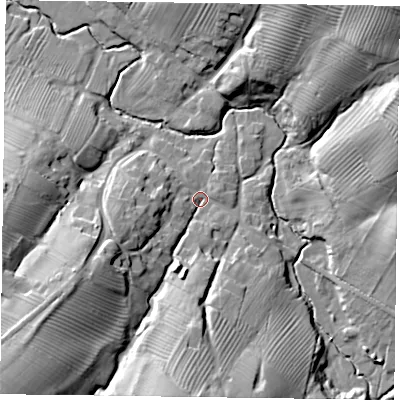 Shaded relief map of the ground around LE142HU, computed from Environment Agency LiDAR. The ground here sits at about 100 m above sea level and falls 34 m across the surrounding 800 m. Surface water reaching this point runs off ground lying to the south-west, 29.3 m higher.