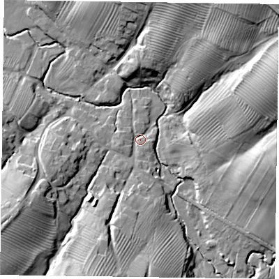 Shaded relief map of the ground around LE142HW, computed from Environment Agency LiDAR. The ground here sits at about 99 m above sea level and falls 30 m across the surrounding 800 m. Surface water reaching this point runs off ground lying to the south-south-west, 18.6 m higher.
