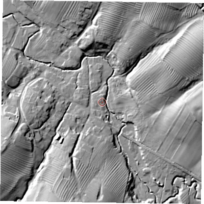Shaded relief map of the ground around LE142HX, computed from Environment Agency LiDAR. The ground here sits at about 100 m above sea level and falls 30 m across the surrounding 800 m. Surface water reaching this point runs off ground lying to the east-north-east, 23.5 m higher.