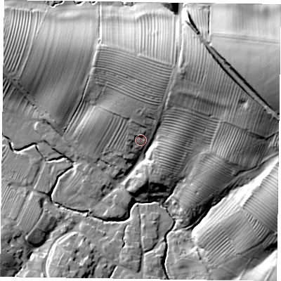 Shaded relief map of the ground around LE142HY, computed from Environment Agency LiDAR. The ground here sits at about 109 m above sea level and falls 37 m across the surrounding 800 m. Surface water reaching this point runs off ground lying to the north-north-east, 16.8 m higher.