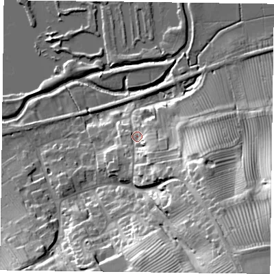 Shaded relief map of the ground around LE142NN, computed from Environment Agency LiDAR. The ground here sits at about 69 m above sea level and falls 40 m across the surrounding 800 m. Surface water reaching this point runs off ground lying to the south-east, 9.8 m higher.