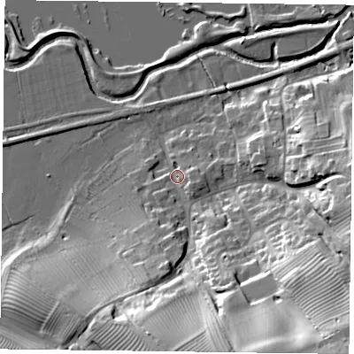 Shaded relief map of the ground around LE142NP, computed from Environment Agency LiDAR. The ground here sits at about 66 m above sea level and falls 40 m across the surrounding 800 m. Surface water reaching this point runs off ground lying to the south-south-east, 29.8 m higher.