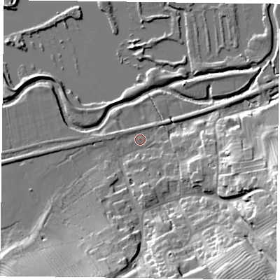 Shaded relief map of the ground around LE142NR, computed from Environment Agency LiDAR. The ground here sits at about 63 m above sea level and falls 30 m across the surrounding 800 m. Surface water reaching this point runs off ground lying to the south-east, 27.6 m higher.