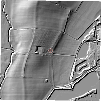 Shaded relief map of the ground around LE142NS, computed from Environment Agency LiDAR. The ground here sits at about 68 m above sea level and falls 20 m across the surrounding 800 m. Surface water reaching this point runs off ground lying to the north-west, 7.9 m higher.