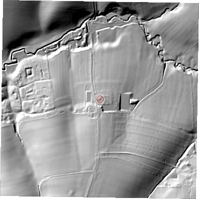 Shaded relief map of the ground around LE142QX, computed from Environment Agency LiDAR. The ground here sits at about 129 m above sea level and falls 37 m across the surrounding 800 m. Surface water reaching this point runs off ground lying to the south, 11.9 m higher.