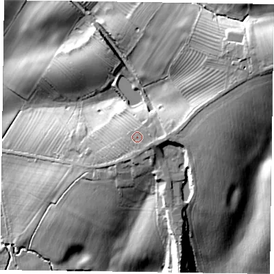 Shaded relief map of the ground around LE142RE, computed from Environment Agency LiDAR. The ground here sits at about 128 m above sea level and falls 45 m across the surrounding 800 m. Surface water reaching this point runs off ground lying to the east, 5.4 m higher.