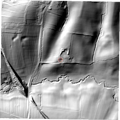 Shaded relief map of the ground around LE142RF, computed from Environment Agency LiDAR. The ground here sits at about 123 m above sea level and falls 43 m across the surrounding 800 m. Surface water reaching this point runs off ground lying to the north-north-east, 8.6 m higher.