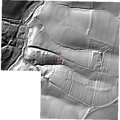 Shaded relief map of the ground around LE142RP, computed from Environment Agency LiDAR. The ground here sits at about 114 m above sea level and falls 34 m across the surrounding 800 m. Surface water reaching this point runs off ground lying to the east-south-east, 17.6 m higher.