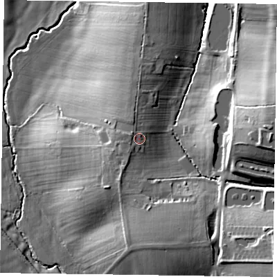 Shaded relief map of the ground around LE142TD, computed from Environment Agency LiDAR. The ground here sits at about 89 m above sea level and falls 26 m across the surrounding 800 m. Surface water reaching this point runs off ground lying to the south-south-west, 2.5 m higher.