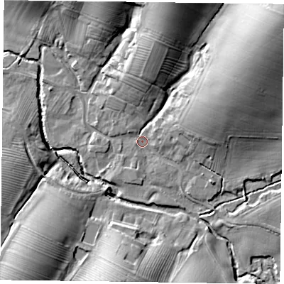 Shaded relief map of the ground around LE142TE, computed from Environment Agency LiDAR. The ground here sits at about 83 m above sea level and falls 27 m across the surrounding 800 m. Surface water reaching this point runs off ground lying to the north-east, 24.3 m higher.
