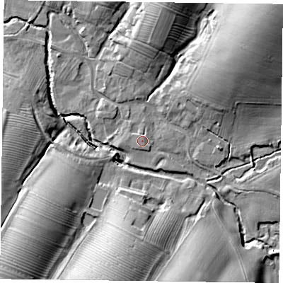 Shaded relief map of the ground around LE142TG, computed from Environment Agency LiDAR. The ground here sits at about 85 m above sea level and falls 26 m across the surrounding 800 m. Surface water reaching this point runs off ground lying to the south-south-west, 1.5 m higher.