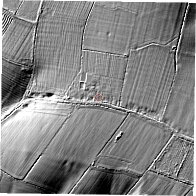 Shaded relief map of the ground around LE142TT, computed from Environment Agency LiDAR. The ground here sits at about 134 m above sea level and falls 16 m across the surrounding 800 m. Surface water reaching this point runs off ground lying to the east-south-east, 2.3 m higher.