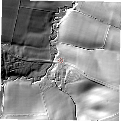 Shaded relief map of the ground around LE142UZ, computed from Environment Agency LiDAR. The ground here sits at about 123 m above sea level and falls 41 m across the surrounding 800 m. Surface water reaching this point runs off ground lying to the east-south-east, 31.4 m higher.