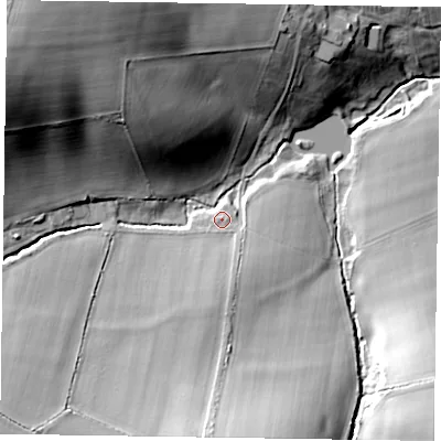 Shaded relief map of the ground around LE142XD, computed from Environment Agency LiDAR. The ground here sits at about 129 m above sea level and falls 38 m across the surrounding 800 m. Surface water reaching this point runs off ground lying to the north-west, 32.0 m higher.