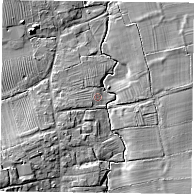 Shaded relief map of the ground around LE143AB, computed from Environment Agency LiDAR. The ground here sits at about 45 m above sea level and falls 18 m across the surrounding 800 m. Surface water reaching this point runs off ground lying to the west-south-west, 1.7 m higher.