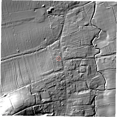 Shaded relief map of the ground around LE143AJ, computed from Environment Agency LiDAR. The ground here sits at about 48 m above sea level and falls 34 m across the surrounding 800 m. Surface water reaching this point runs off ground lying to the south-south-west, 5.3 m higher.