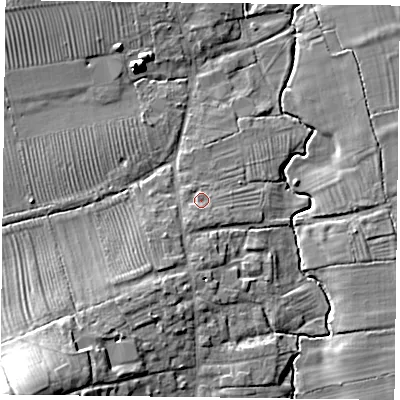 Shaded relief map of the ground around LE143AQ, computed from Environment Agency LiDAR. The ground here sits at about 46 m above sea level and falls 26 m across the surrounding 800 m. Surface water reaching this point runs off ground lying to the south-south-west, 1.8 m higher.