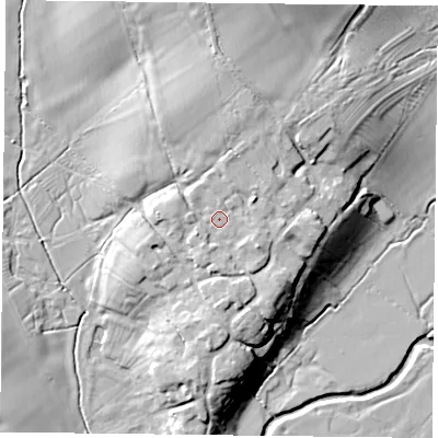 Shaded relief map of the ground around LE143DW, computed from Environment Agency LiDAR. The ground here sits at about 73 m above sea level and falls 21 m across the surrounding 800 m. Surface water reaching this point runs off ground lying to the south-east, 3.3 m higher.