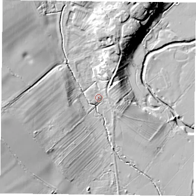Shaded relief map of the ground around LE143EA, computed from Environment Agency LiDAR. The ground here sits at about 62 m above sea level and falls 18 m across the surrounding 800 m. Surface water reaching this point runs off ground lying to the north-north-east, 4.8 m higher.